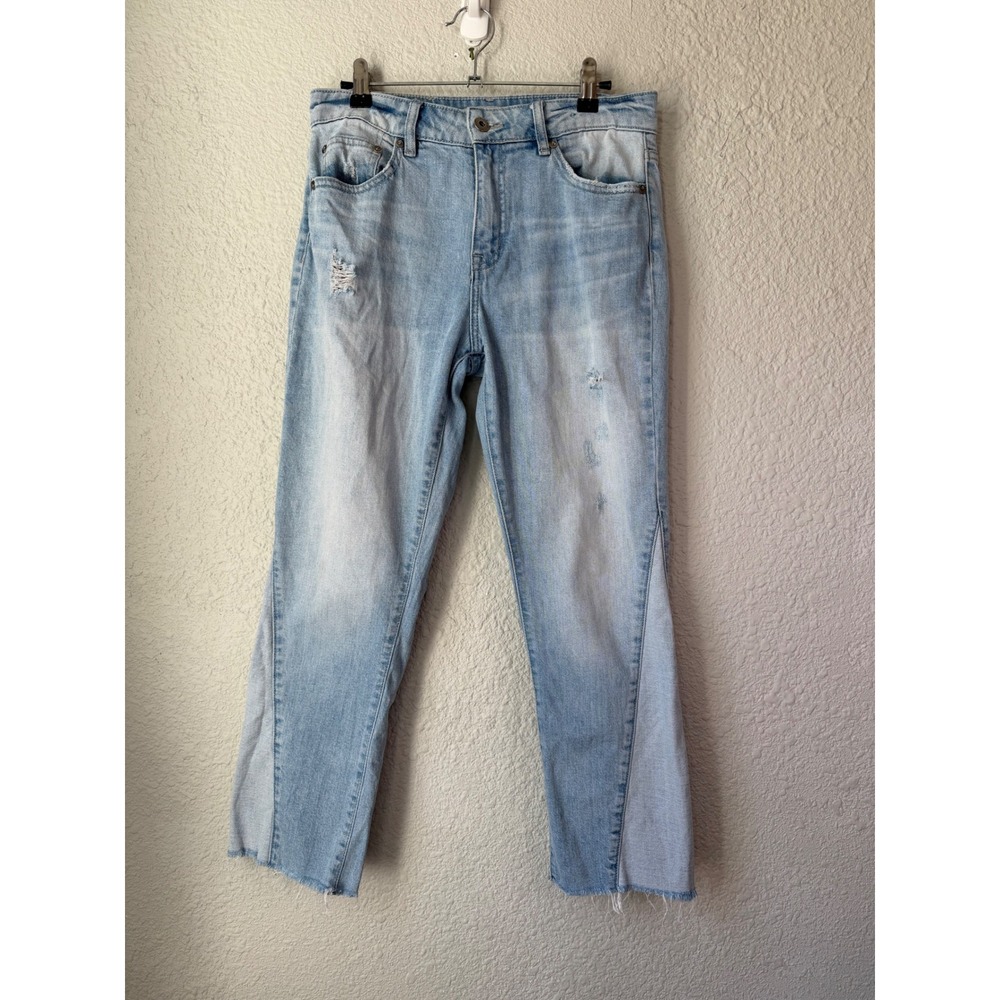 Pistola Two-Tone Paneled Distressed Straight Leg Jeans Light Wash